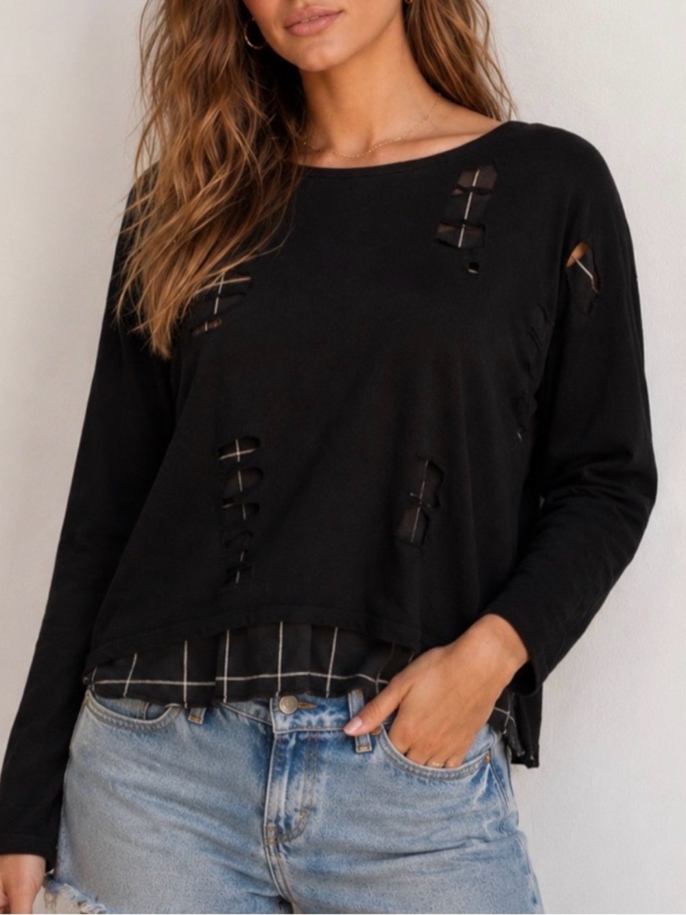 #518 GENERATION LOVE Black Distressed Layered Long Sleeve Tee w Plaid